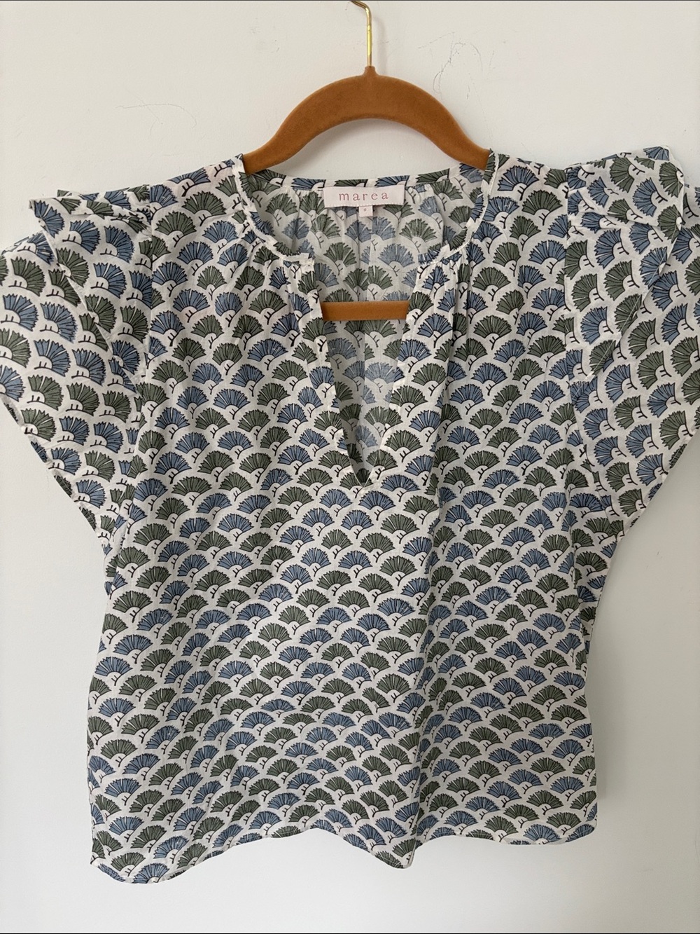 Marea by Liz Joy blockprint blouse, cap sleeves, blue/green/white, cotton,size S